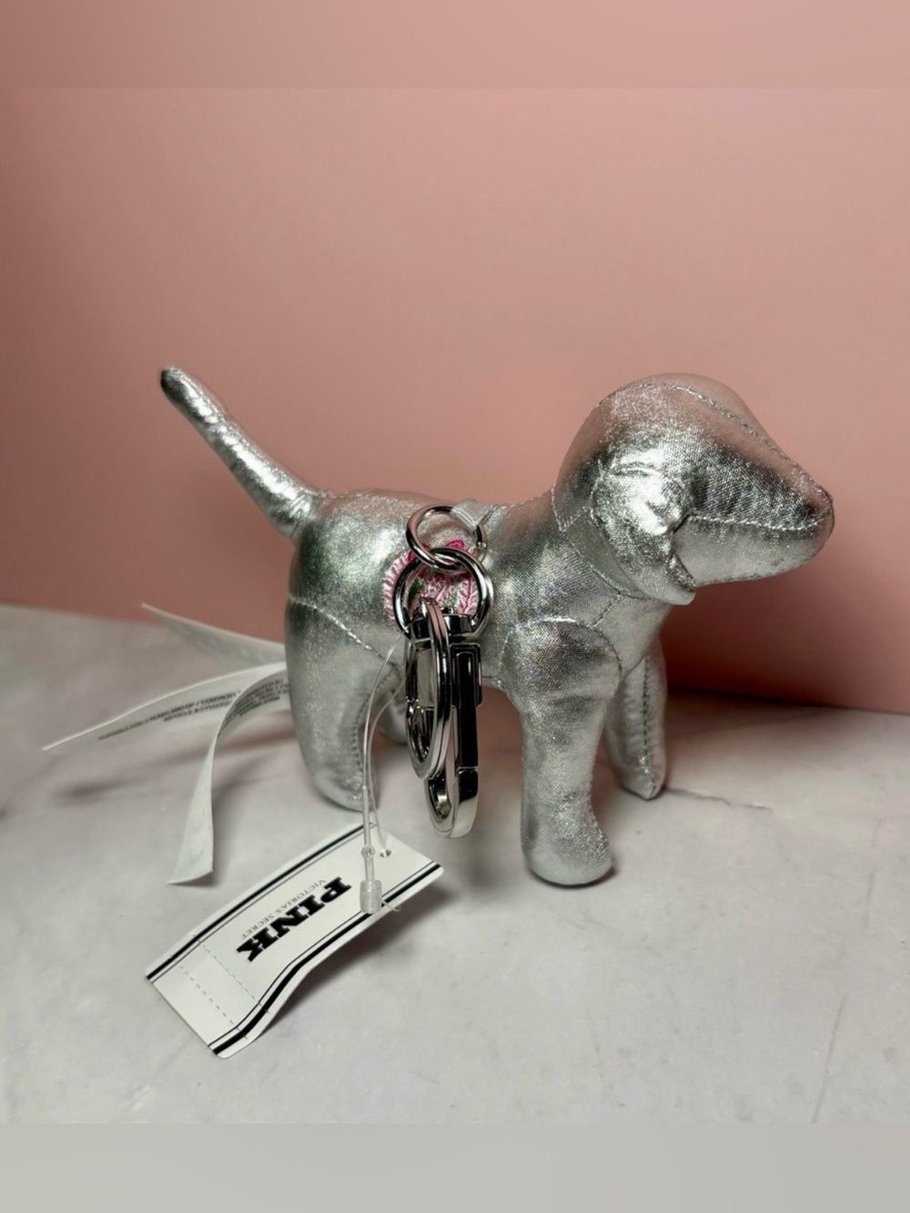 Victoria's Secret PINK Micro Dog Keychain Charm in the "Silver Metallic" color